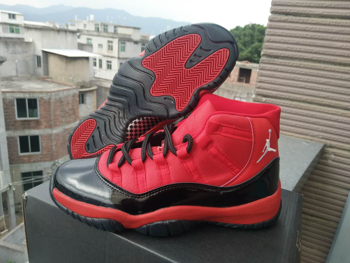Men Jordan 11 Retro Hot Red Black White Jumpman Shoes - Click Image to Close